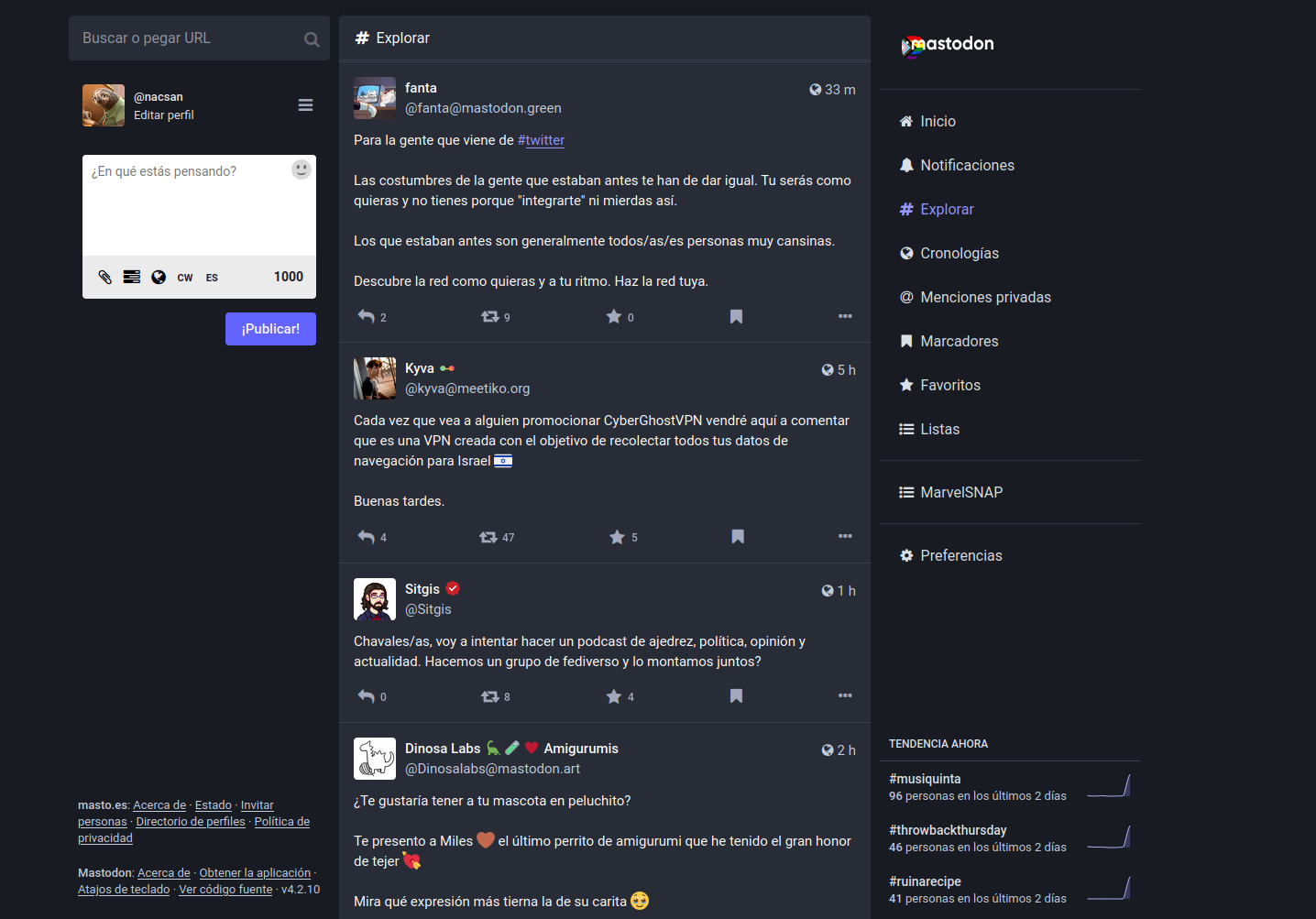 Sección de notificaciones de Mastodon